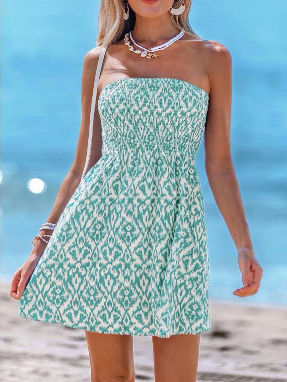 SHEIN Aqua and White Strapless Smocked Ikat Dress